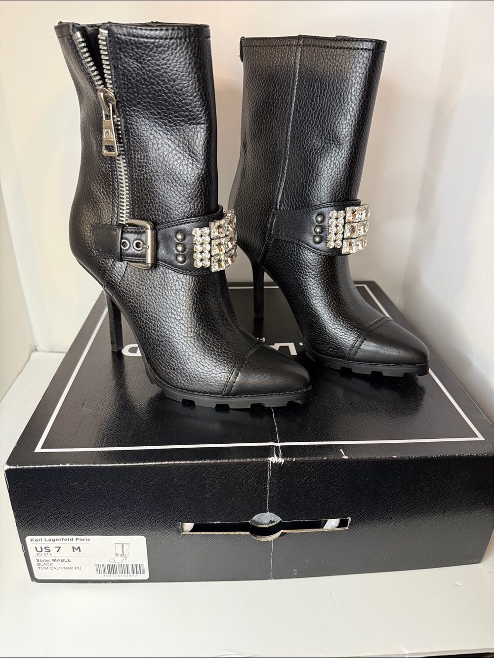 Karl Lagerfeld Black Crystal-Embellished Leather Stiletto Ankle Boots